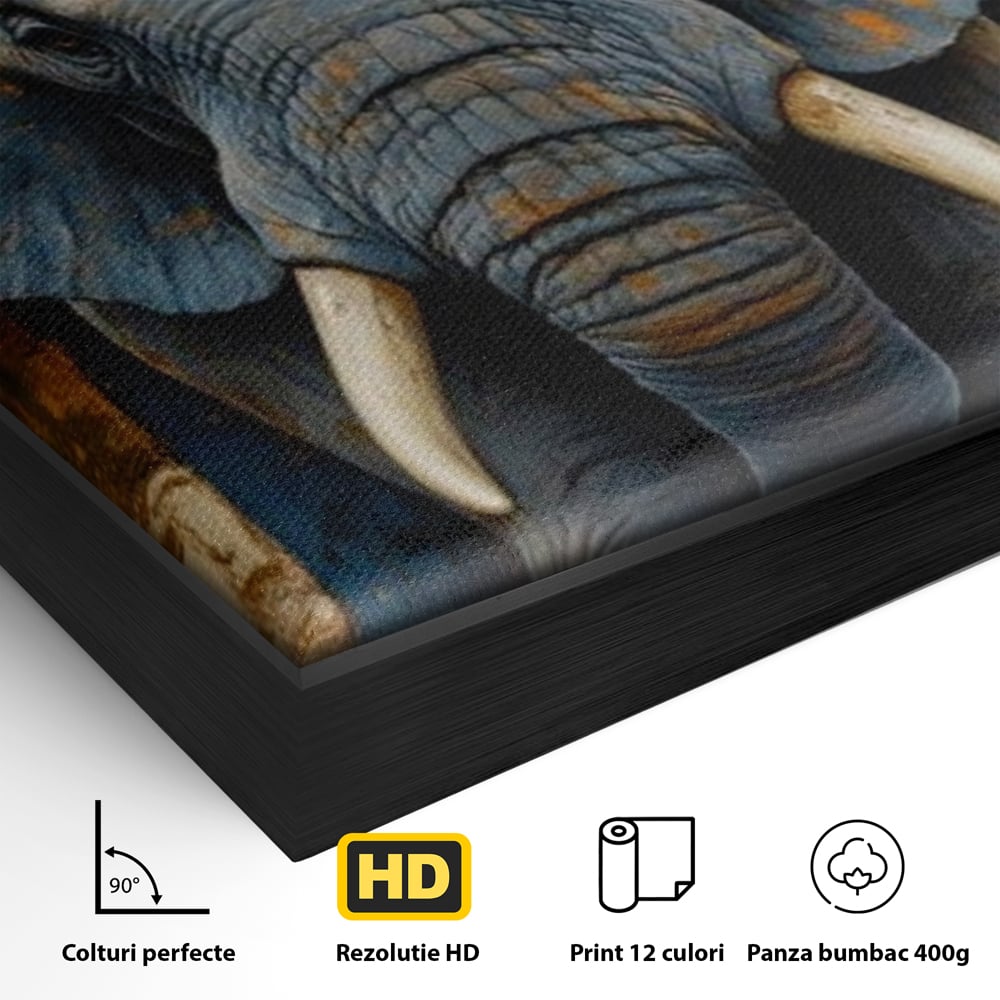Detaliu al suprafetei: tablou canvas cu cap de elefant, in rama de aluminiu negru